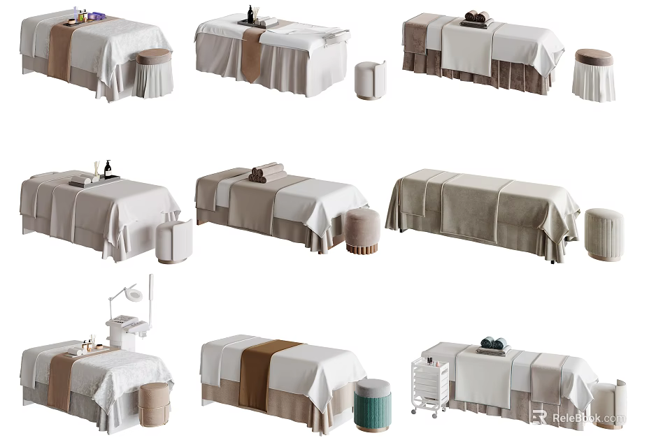 Stylish Massage Bed Designs With Comfortable Linen Stools And Spa Accessories 3d model
