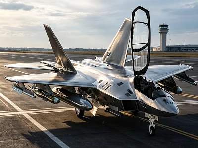 Modern Fighter Jet With Open Cockpit Missiles On Runway Under Sunset Sky 3d model