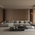 Modern Living Room Sofa And Coffee Table Set With Wooden Walls Light Gray Cushions Black Armchair