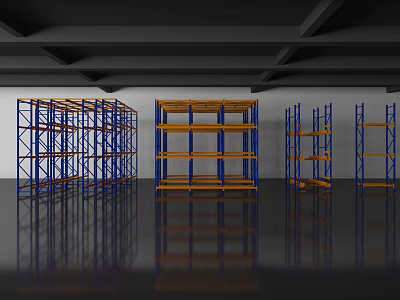 Various Warehouse Storage Racks With Blue Frames And Yellow Shelves In Reflective Floor Setting 3d model