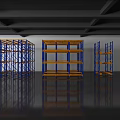 Various Warehouse Storage Racks With Blue Frames And Yellow Shelves In Reflective Floor Setting