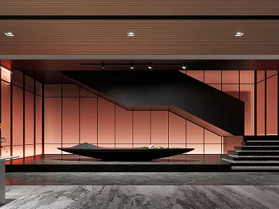 Modern Hotel Lobby Interior Design With Black Staircase Glass Wall And Ambient Lighting 3d model