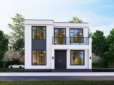 Modern White Detached Villa With Large Windows Second Floor Balcony And Green Trees 3d model