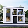 Modern White Detached Villa With Large Windows Second Floor Balcony And Green Trees