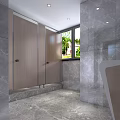 Modern Public Restroom Interior Featuring Marble Walls Large Mirror Washbasin And Artwork