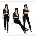 Stylish Woman In Black Crop Top And High Waist Pants With Different Poses