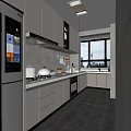 Modern Kitchen Interior Design With White Cabinets Stove Range Hood Stainless Steel Refrigerator And Window
