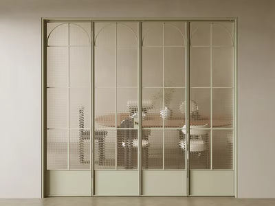 Light Green Grid Sliding Doors For Modern Interior Space With Dining Table And Vases 3d model