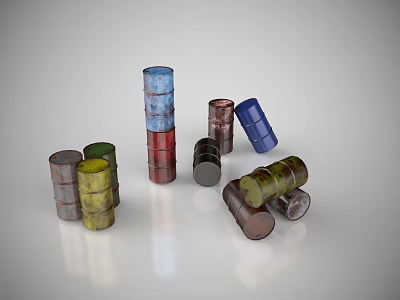 Various Colored Metal Oil Barrels Arranged in Upright and Lying Positions 3d model