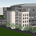 Modern Office Building Exterior With Glass Windows Green Lawn And Trees