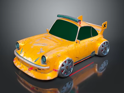 Yellow Cartoon Car With Green Windows Roof Lights White Graphics And Silver Wheels 3d model