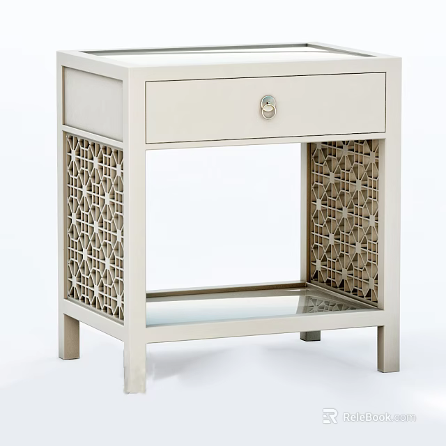 Light Colored Bedside Table With Drawer Circular Knob Lattice Sides Glass Shelf 3d model 