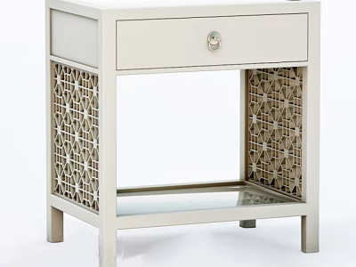 Light Colored Bedside Table With Drawer Circular Knob Lattice Sides Glass Shelf 3d model