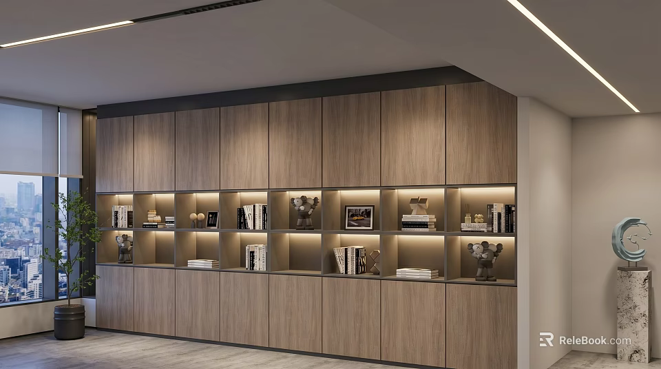 Modern Wooden Bookcase With Open Shelves Displaying Books Decorative Items And Photo Frames 3d model 
