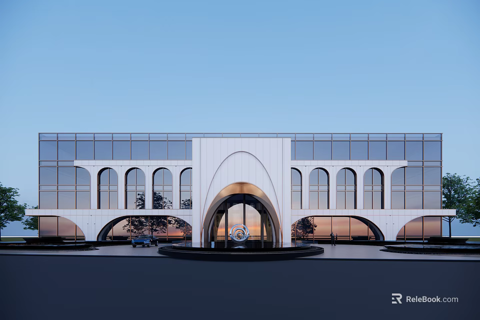 Modern Office Building Exterior With Arched Entrance And Large Glass Facade Design 3d model 