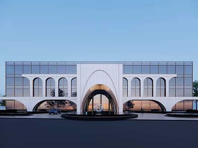 Modern Office Building Exterior With Arched Entrance And Large Glass Facade Design 3d model