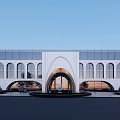 Modern Office Building Exterior With Arched Entrance And Large Glass Facade Design