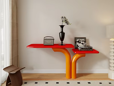Stylish Console Table With Red Top Orange Base Vase Radio Photo Frame And Books 3d model
