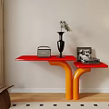 Stylish Console Table With Red Top Orange Base Vase Radio Photo Frame And Books