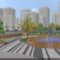 Urban Park Landscape With Colorful Children's Playground Striped Pavement And Trees Against Modern Buildings Background