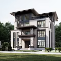 Modern Detached Villa Exterior Design With Large Windows Green Lawn And Surrounding Trees