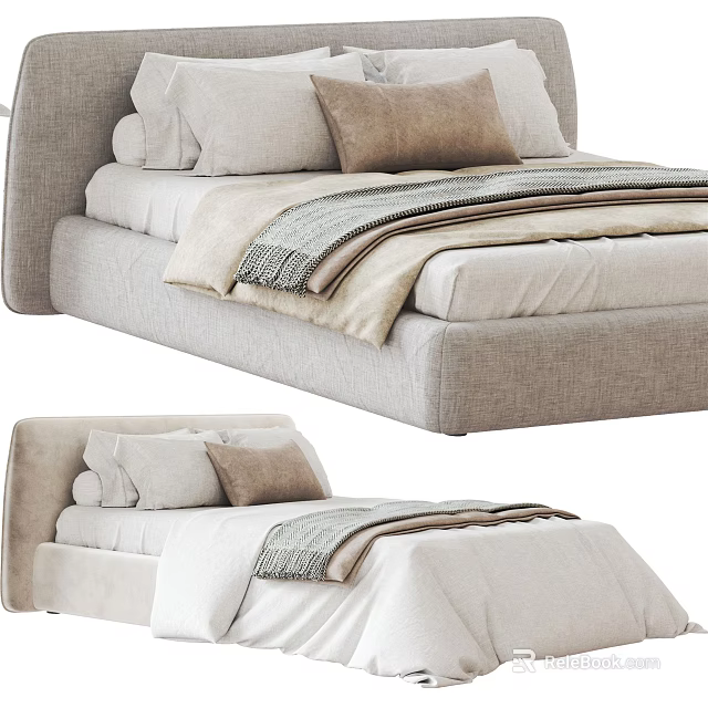 Modern Double Bed With Upholstered Headboard Soft Pillows And Linen Blanket 3d model 