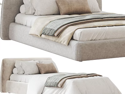 Modern Double Bed With Upholstered Headboard Soft Pillows And Linen Blanket 3d model