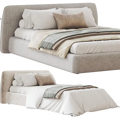 Modern Double Bed With Upholstered Headboard Soft Pillows And Linen Blanket 3d model