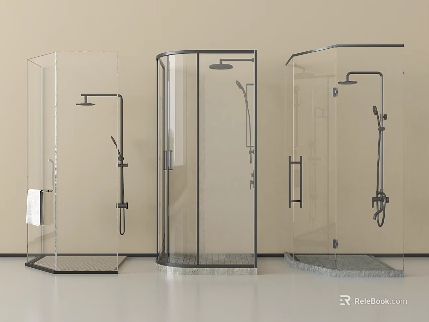 Three Modern Shower Sauna Enclosures With Transparent Glass And Shower Fixtures 3d model 