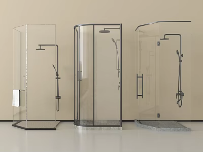 Three Modern Shower Sauna Enclosures With Transparent Glass And Shower Fixtures 3d model