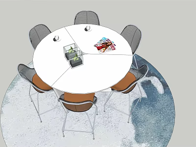 White Round Table With Gray Backrest Brown Seat Chairs On Blue Textured Floor 3d model