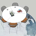 White Round Table With Gray Backrest Brown Seat Chairs On Blue Textured Floor 3d model