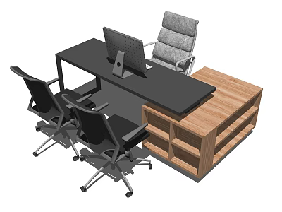 Modern Office Desk With Black Tabletop Wooden Storage Cabinet Computer Monitor And Black Office Chairs 3d model