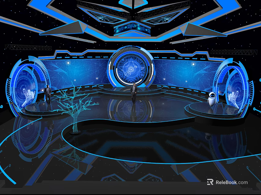 Futuristic Tech Display Stage Featuring Blue Lighting Circular Screens And Holographic Elements 3d model 