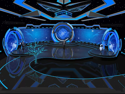 Futuristic Tech Display Stage Featuring Blue Lighting Circular Screens And Holographic Elements 3d model