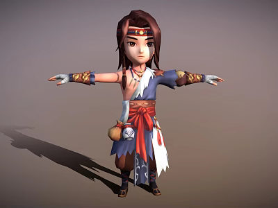 3D Character With Brown Hair Headpiece Blue White Red Traditional Outfit Waist Gourd Arms Outstretched 3d model