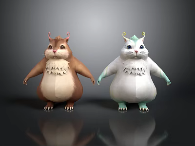 Chubby Cartoon Creatures With Horns And Fluffy Bellies Standing On Gray Background With Floor Reflections 3d model