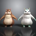 Chubby Cartoon Creatures With Horns And Fluffy Bellies Standing On Gray Background With Floor Reflections