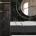 Modern Washbasin Vanity With Round Mirror Marble Countertop And Black Gold Accents