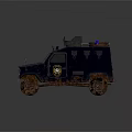 Dark Blue Police Armored Vehicle With Roof Mounted Blue Lights Body Emblem And Muddy Sturdy Design
