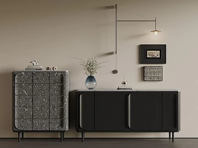 Modern Interior With Textured Gray Dresser And Black Cabinet Framed Artworks Pendant Light And Vase 3d model