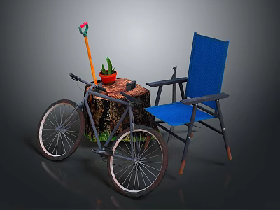Outdoor Relaxation Setup With Bicycle Blue Chair Tree Stump Table Potted Plant And Garden Tool 3d model
