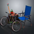 Outdoor Relaxation Setup With Bicycle Blue Chair Tree Stump Table Potted Plant And Garden Tool