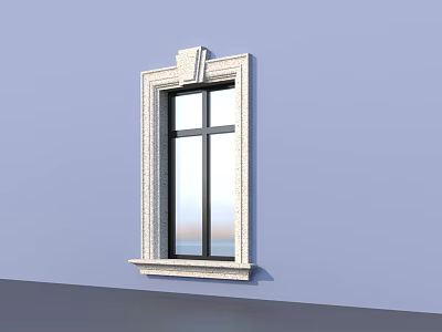 White Framed Window With Cross Divided Glass On Light Blue Wall And Windowsill 3d model