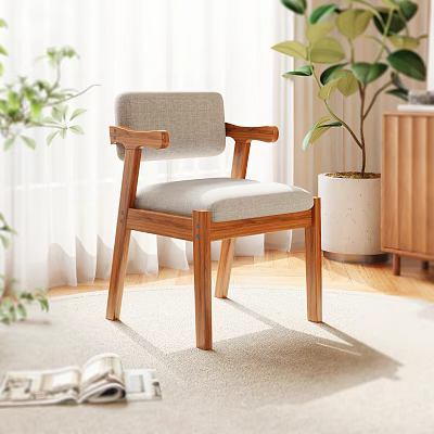Gray Fabric Upholstered Accent Chair With Wooden Frame And Armrests In Cozy Living Room 3d model