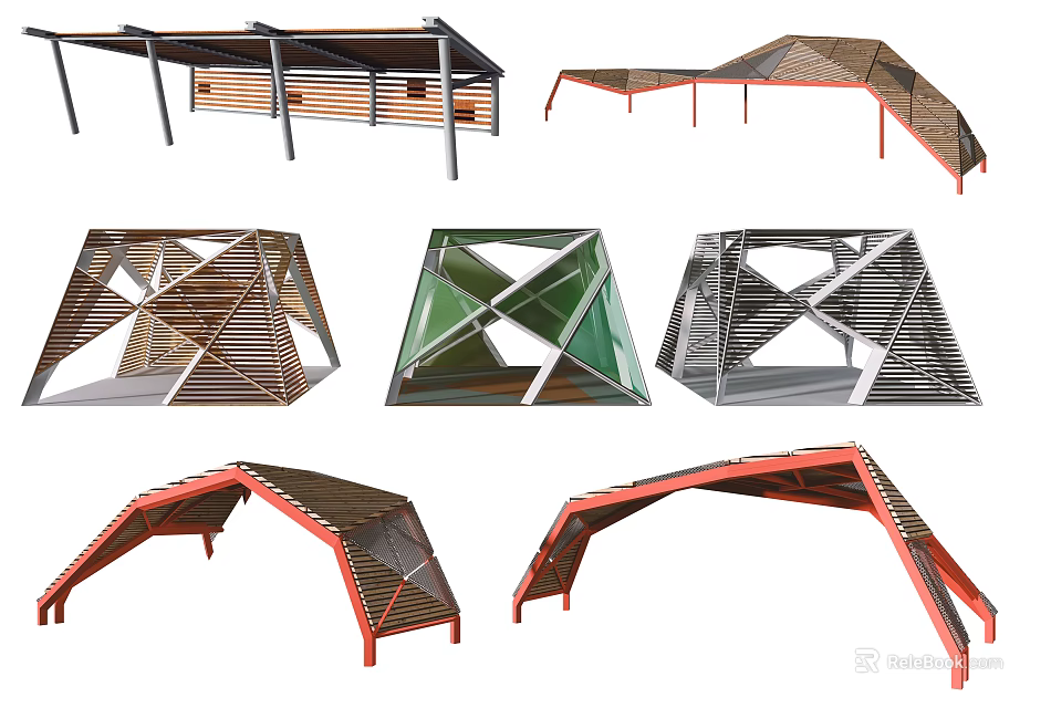 Modern Pergola Designs Featuring Geometric Shapes And Curved Wooden Metal Structures 3d model 
