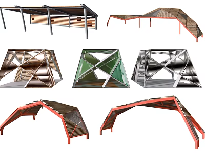 Modern Pergola Designs Featuring Geometric Shapes And Curved Wooden Metal Structures 3d model