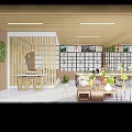Specialty Store Interior Featuring Wooden Ceiling Slat Partition Circular Mirror Display Shelves And Green Plants