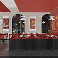 Modern Restaurant Interior With Red Walls Red Chairs Open Counter And Food Displays