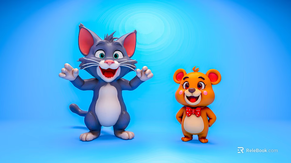 Happy Cartoon Gray Cat And Brown Bear With Red Bow Tie On Blue Background 3d model 